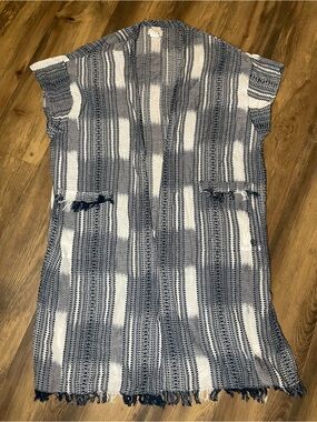 Ariat Womens XXL Fringe Open Front Duster Cardigan Blue White Boho Western